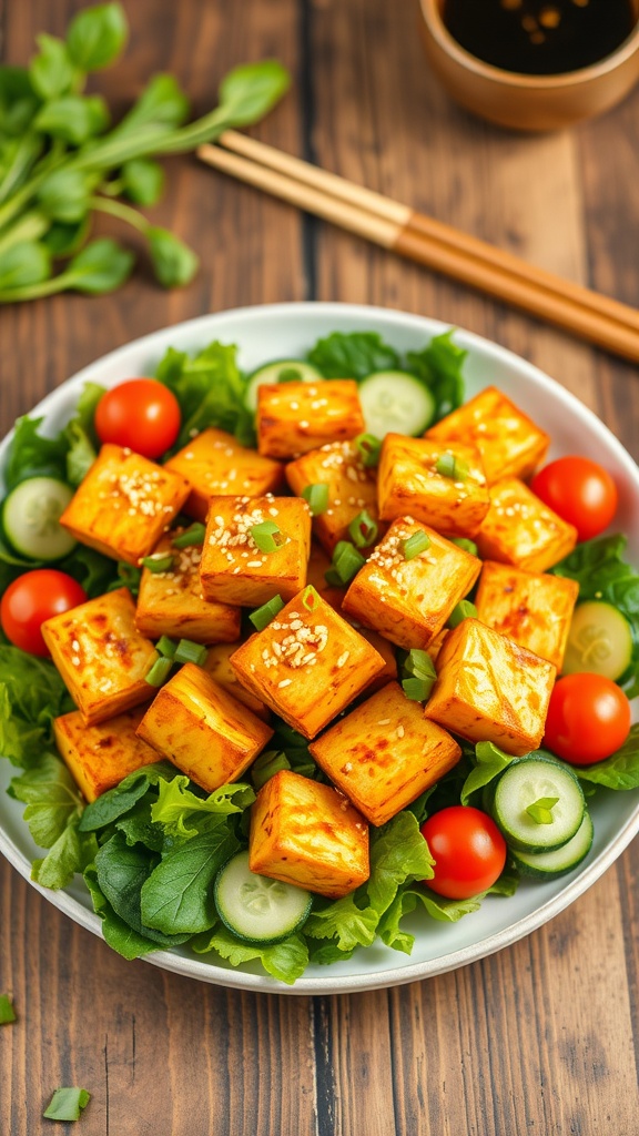Crispy baked tofu cubes garnished with sesame seeds and green onions served on a fresh salad with cherry tomatoes.